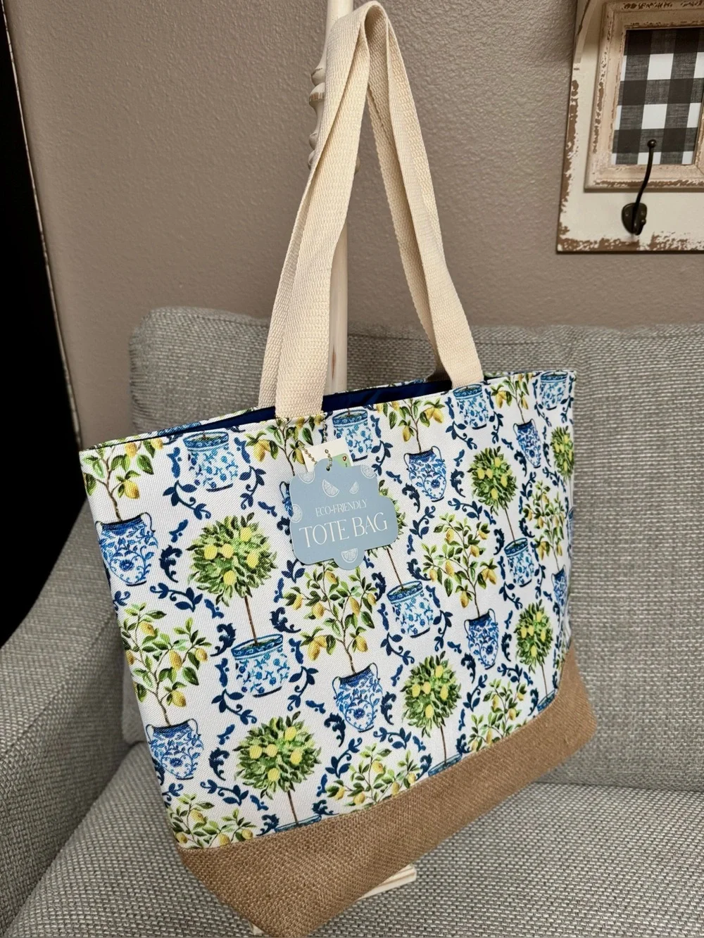 New Lemon Tree Blue Toile Potted Floral Canvas Tote Book Bag Reusable Burlap NWT